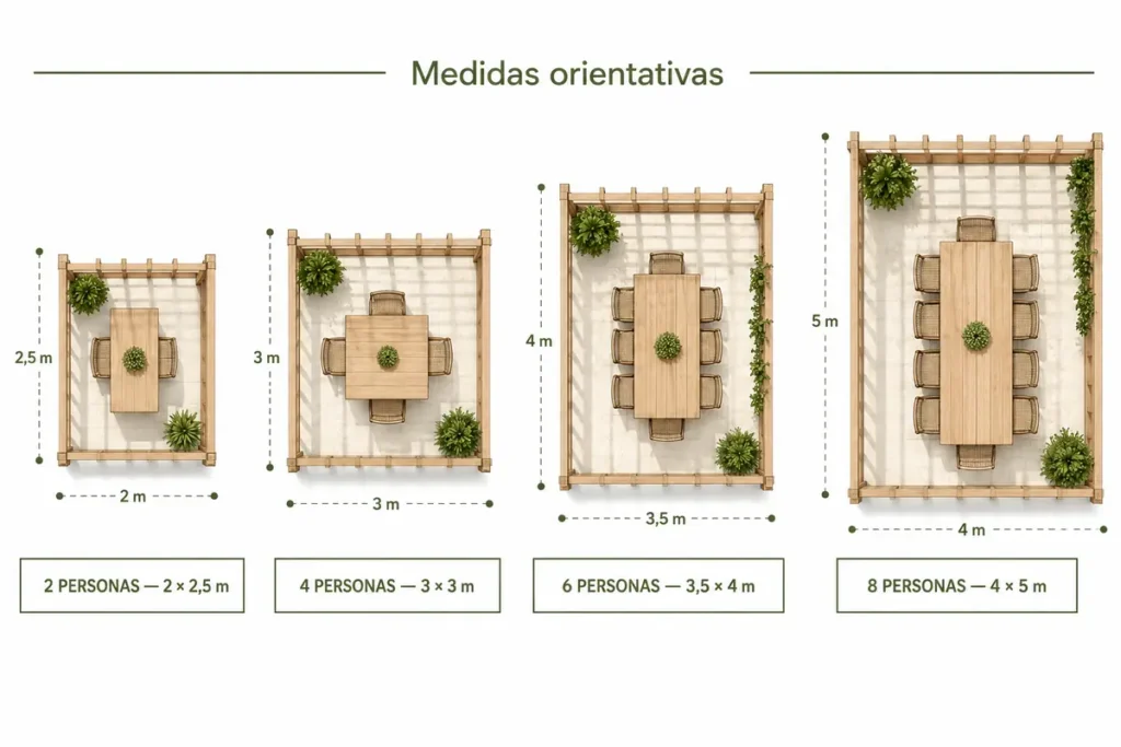 Plano de comedor exterior para 2, 4, 6 y 8 personas