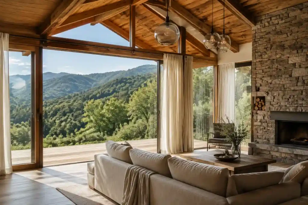Sala rústica moderna con grandes ventanales al paisaje de montaña