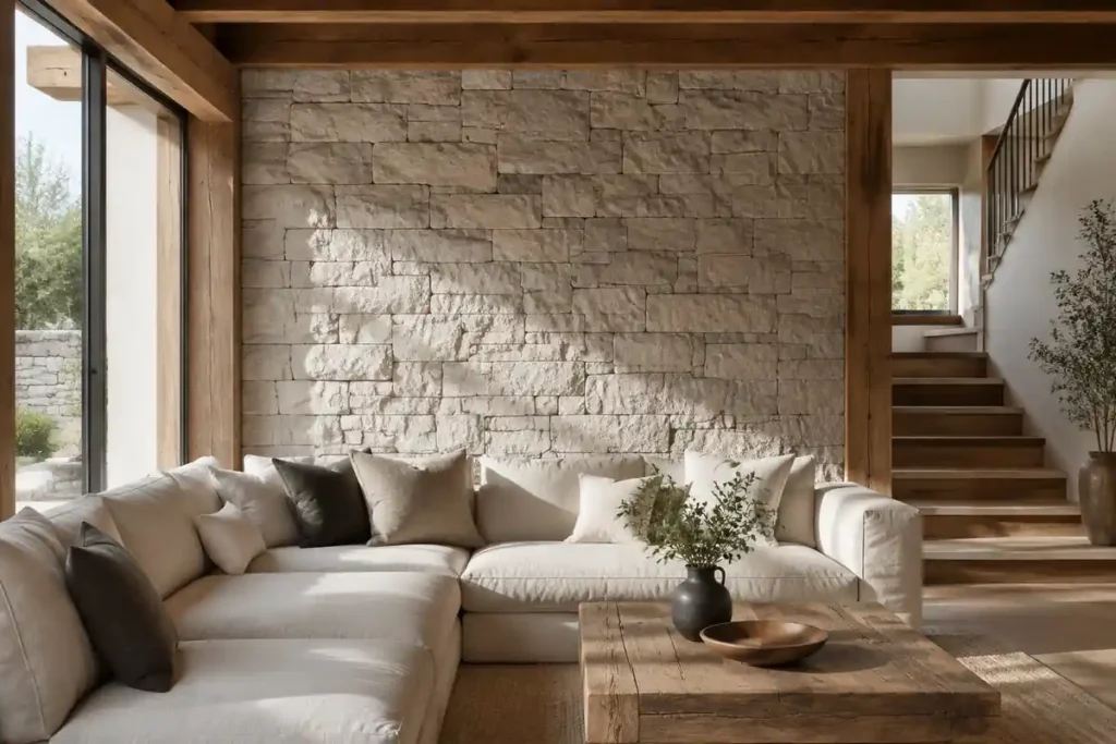 Sala con revestimiento tipo piedra en paneles