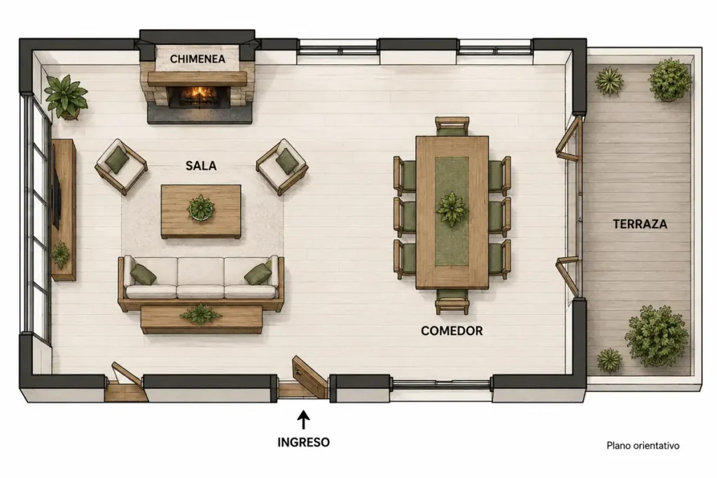 Plano orientativo de sala rústica integrada con comedor y terraza