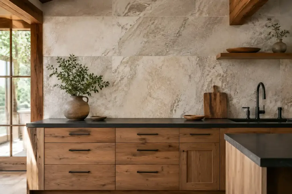 Cocina con porcelanato tipo piedra y muebles de madera