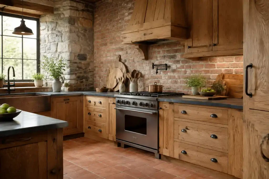 Cocina rústica con ladrillo visto, piedra y madera