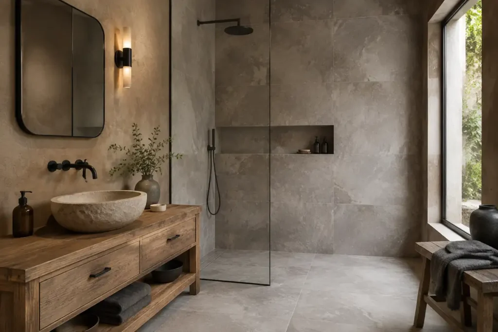 Baño rústico con porcelanato tipo piedra