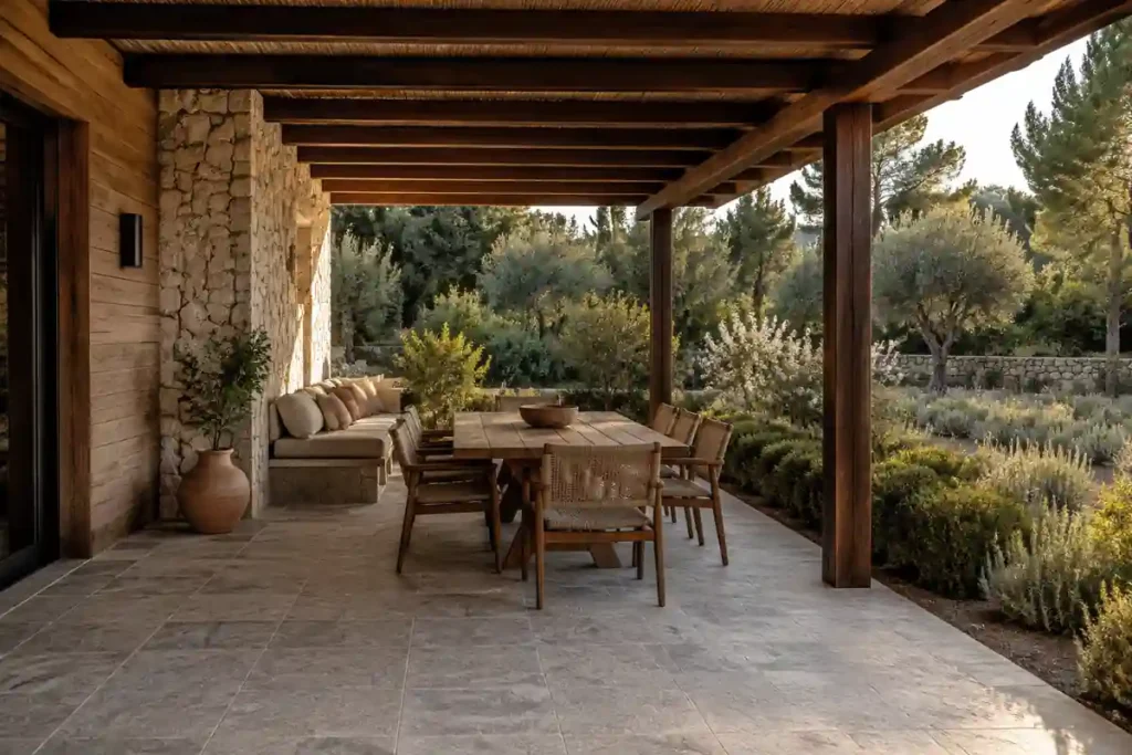 Terraza rústica con revestimientos de piedra y madera
