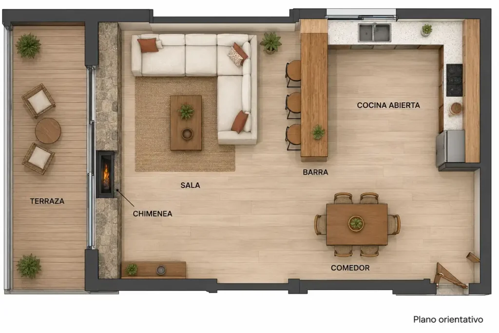 Plano orientativo de sala rústica con cocina abierta, barra y comedor