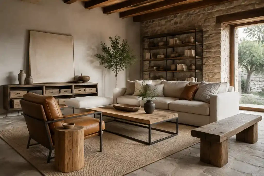 Muebles para sala rústica moderna en madera, lino, cuero y hierro negro